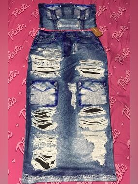NWT SHEIN SXY 2pc Set Jean Denim Style Stretch Casual Cute Skirt Tube Top Shirt